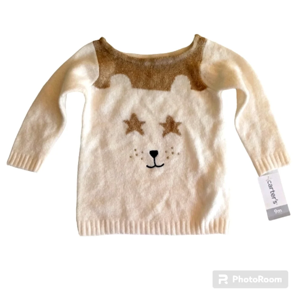 Carter's baby girl pullover gold star animal face sweater size 9M